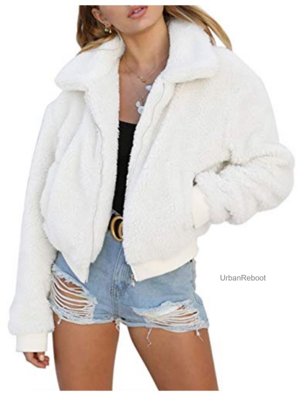 Faux Fur Short Jacket Zip-Up Fluffy Winter Coat Pockets